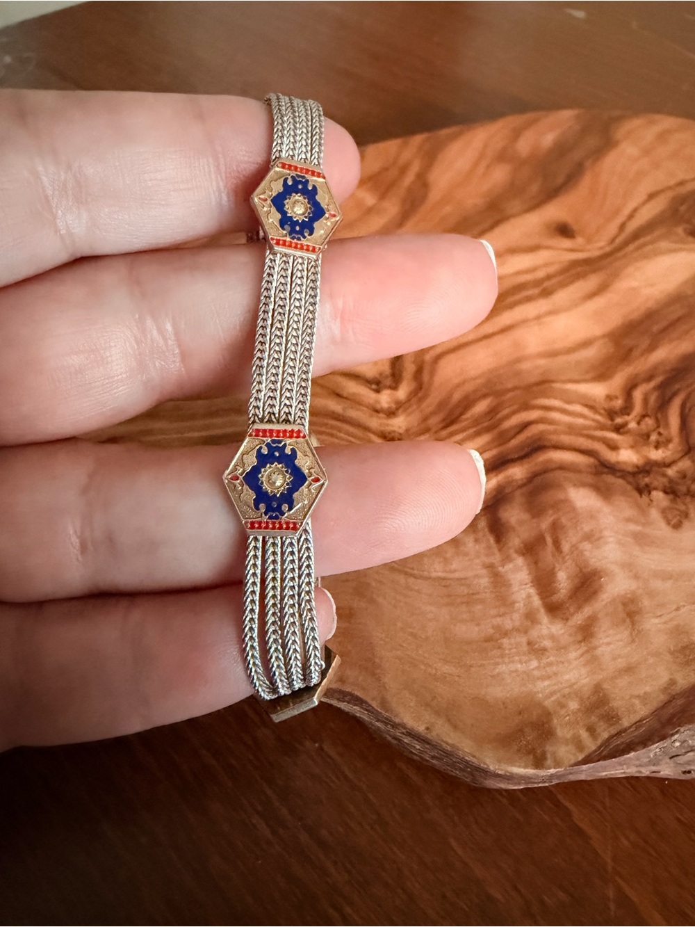 Vintage Silver Mesh Bracelet with Blue and Red Enamel Hexagon Links